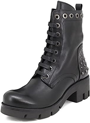 QUEEN HELENA Anfibi di Pelle con Lacci Intercambiabili Stivaletti Borchiati con Tacco Plateau Invernali Casual Comodi Donna RT2383 Nero 37