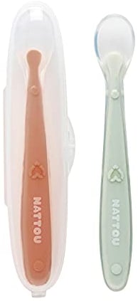 Nattou Silikon-Löffel für Kinder, 2er Set, Länge: je 16 cm, Mit Transportbox, BPA-frei, Silicon, Orange / Grün