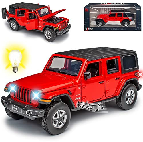 Model Car Jeep Wrangler JT Sahara Unlimited Rot 5 Türer Ab 2019 mit Licht und Sound 1/32 Tayumo Modell Auto mit individiuellem Wunschkennzeichen