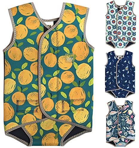 Swim Cosy Combinaison de plongée pour bébé/tout-petit avec UPF50 – Design enveloppant en néoprène pour garçons/filles de 0 à 3 ans – Licornes, dinosaures, canards (éclaboussures orange, taille M 6 à