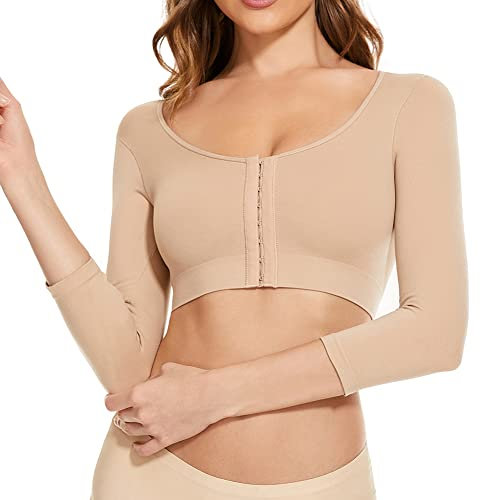 KSKshape Arm Shaper for Women Post Surgery Arm Lipo Compression Sleeves Front Closure Shapewear Bra Posture Corrector Tank Top,Beige,L