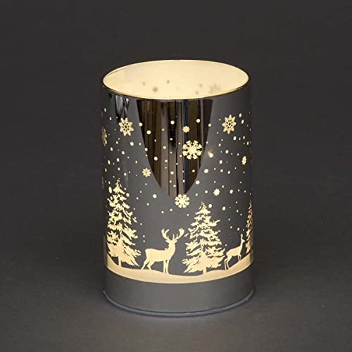 SHATCHI 13cm Christmas Decorated Vase Table Lamp Etched Glass Tube Forest Scene Silver Cylinder LED Fairy Lights Battery Operated