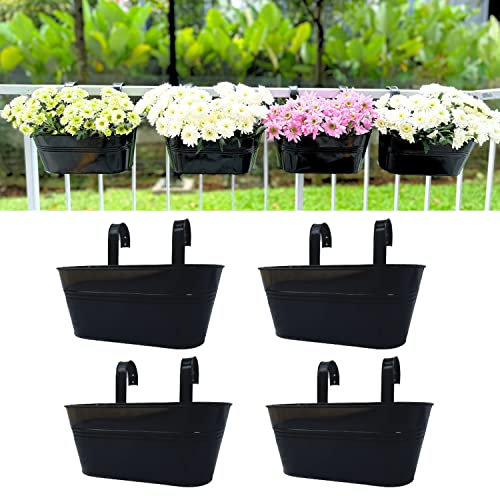 LaLaGreen Lot de 4 pots de fleurs à suspendre en métal noir - 27,9 cm - Pour extérieur, garde-corps, clôture, maison de campagne moderne, support mural, crochet, décoration de porche