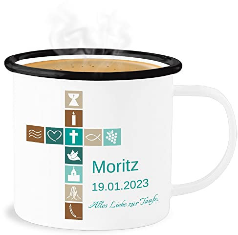 Emaille Becher Blechbecher - Geschenk Taufe I Konfirmation Geschenk Firmung - 300 ml - Weiß Schwarz - tasse geschirr taufgeschenke taufe kinder personalisierte taufgeschenk zur kommunion