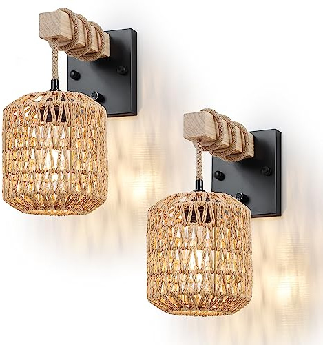 Rattan-Boho-Wandleuchter, 2er-Set, festverdrahtet, handgewebt, Bauernhaus-Wandlampen mit Holzarm und Ein-/Aus-Schalter, dimmbarer Schalter, rustikale Innenwandhalterung, Leuchten für Schlafzimmer,
