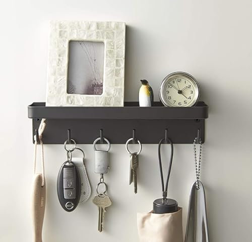 Key Holder Shelf with Hook Wall Mounted 6 Hooks, Self Adhesive Metal Key Rack with Mail Organizer Tray, Key Hanger for Entryway Hallway Kitchen Farmhouse Decor