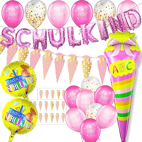 Einschulung Deko Set für Mädchen, Schuleinführung Schulanfang Luftballon Set mit ABC 123 Zuckertüte Motiv, Folienballon Schulkind Girlande, Zuckertüten Banner, Schultüte Konfetti, 2 Folienballon