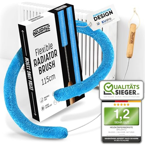 BRUSHYZ Pulisci Termosifoni Flessibile Lungo 115cm I Spazzola per Pulire Termosifoni senza Graffi I Spazzola Pulizia Caloriferi con Copertura Lavabile I Per Tutti i Radiatori I Colore: Blu