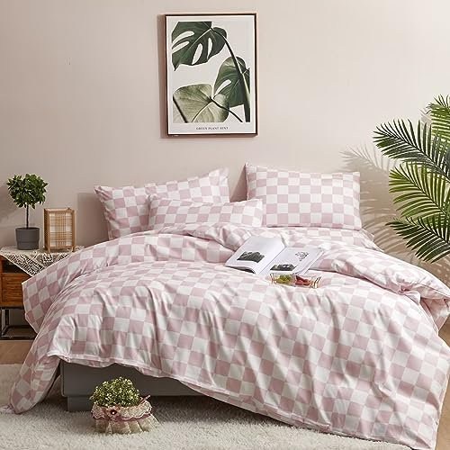 Houseri Rosa Weiß Plaid Schmusetuch Set Cal King Hellrosa Büffel Kariert Bettwäsche Schmusetuch California King Baby Pink Schachbrett Bettwäsche-Sets Frauen Elegant Blassrosa Gitter Bettdecken Cal