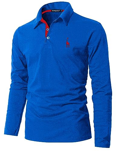 KUNJLELP Men's Regular-Fit Polo Shirt Long Sleeve Giraffe Embroidere Golf Polos 100% Cotton,Blue 2,L