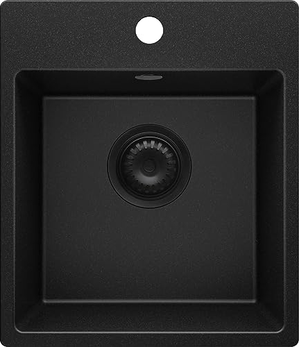 PRIMAGRAN Lavello da Cucina Tutto Nero 38x44cm, Lavandino in Granito a 1 vasca + Sifone Classico, Lavabo Incasso al mobile 40cm - Riga Easy S007