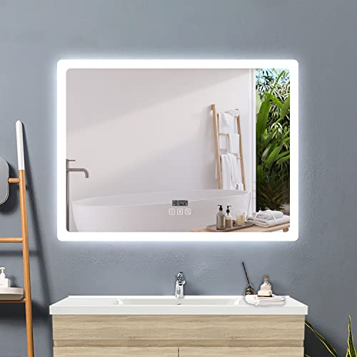 Acezanble Spiegel mit Beleuchtung 80x60cm,LED Badspiegel mit Bluetooth Uhr Beschlagfrei Touch,Badezimmerspiegel 3 Lichtfarbe Dimmbar mit Memory,Energiesparend Wandspiegel Lichtspiegel