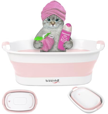 BREENHILL Collapsible Dog Bath Tub for Small Dogs & Cats, Portable Puppy Bath Tub with Water Drain Plug, Space Saving Foldable Pet Bathtub for Indoor & Outdoor Use, Pink