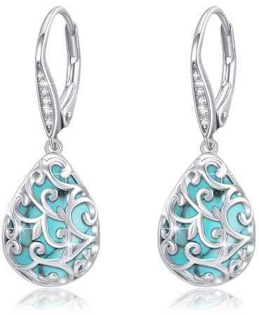 Pendientes de turquesa para mujer, plata de ley 925, pendientes de lágrima, pendientes de filigrana, pendientes con hebilla de circonita,