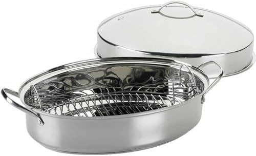 EndyAk Stainless Steel Oval Roaster Set - Extra Deep Roasting Pan with Rack, Lid, and Enhanced Capacity - Induction Compatible, Dishwasher and Oven Safe Turkey Roaster Baking Pan Trays