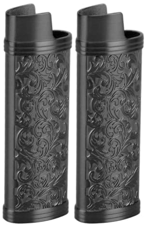 Mumusuki Feuerzeughülle Im Vintage-Botanic-Design aus Zinklegierung für BIC-Feuerzeug J6 in Voller Größe, Einfach zu Bedienen, Sicherer Schutz, Perfekte Geschenkidee (Schwarze Farbe)