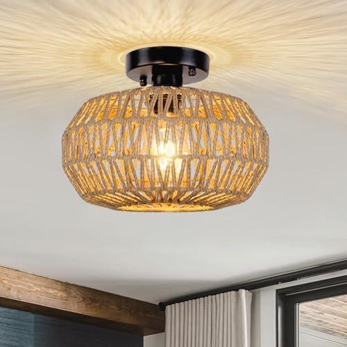 KMaiPem Boho Rattan Deckenleuchte, 1 Licht Modern Rustikal Mini Deckenlampe Wohnzimmer, Handgewebte Bauernhaus Vintage Deckenleuchten, Natürlicher Kronleuchter für Schlafzimmer Küche Flur Foyer