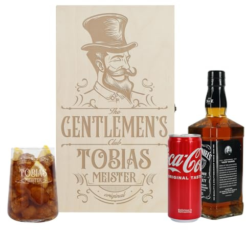Herz & Heim® Whisky Geschenkset mit graviertem Glas, bedruckter Geschenkbox, Cola und Whiskyflasche, personalisiert (The Gentlemen´s Club)