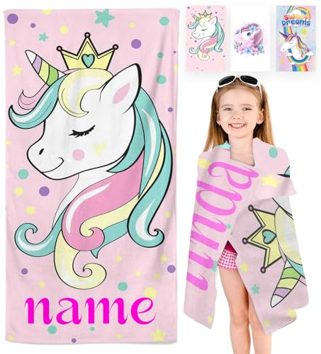 CHEFFS Personalisiert Einhorn Strandtuch Mit Namen, Personalisierte Einhorn Handtuch Badetuch Mit Namen Mikrofaser Einhorn Strandtuch Groß 100x200cm Badetuch für Strand (40 x 80 cm,1)