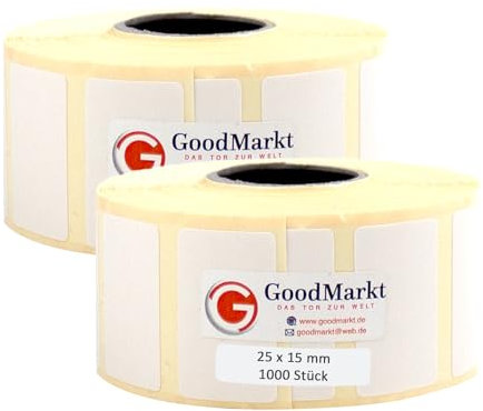 Étiquettes thermiques directes GoodMarkt autocollantes | 25x15 mm 2 rouleaux, blanc, 2000 étiquettes | Compatible avec Brother, Zebra, Phomemo | Etiquettes maison, étiquettes code barre, étiquettes