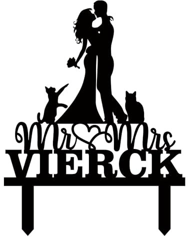 iEventStar Braut und Bräutigam Hochzeitstorte Topper HochzeitsdekorationPersonalisierter Name Partydekorationen aus Acryl (Paar mit 2 Katzen, Anpassen)