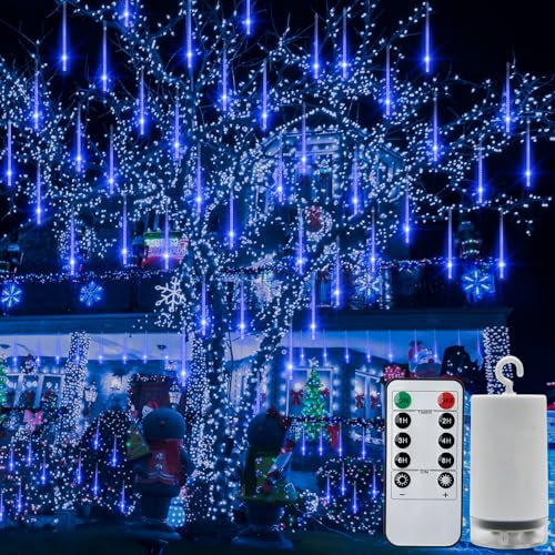 CCILAND Meteor Shower Lights with Remote, 144 LED Christmas Icicle String Lights Battery Powered Falling Rain Lights Outdoor Waterproof for Tree Patio Party Wedding Xmas Decor - Blue