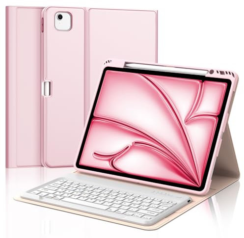 JADEMALL Clavier pour iPad Air 13 (M2/M3) 2024/2025, Coque avec AZERTY Français Clavier Bluetooth Magnétique Détachable pour iPad Air 13 Pouces M2/M3, Rose