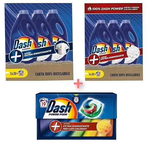 Dash Detersivo Liquido Lavatrice, 60 Lavaggi, Dash Detersivo Liquido Lavatrice Extra-Igienizante +60 Lavaggi extra smacchiante+ In Omaggio 19 Dash Power Pods Extra-Igienizzante Per Capi Colorati