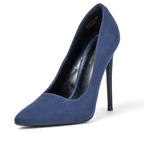 GENSHUO Escarpins 12CM pour Femmes, Bout Fermé, Talons Aiguilles, Chaussures à Enfiler Sexy à Talons Hauts, Chaussures de Robe de Soirée de Mariage, Daim Bleu Marine, 39 EU