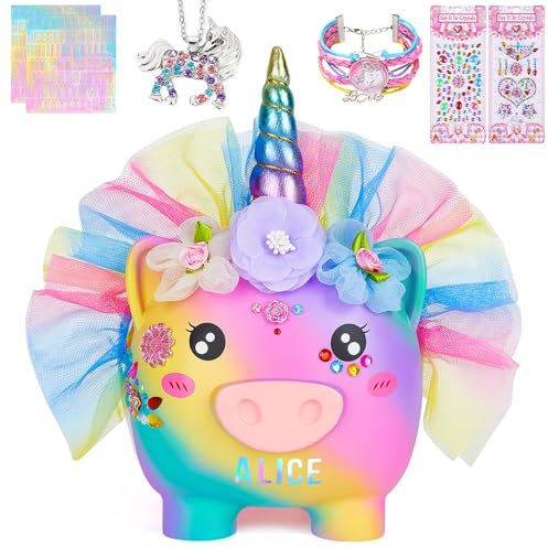 MHJY Spardose für Kinder, hölzerne Sparschweine für Mädchen Jungen Einhorn Sparbüchse Acryl mit DIY Alphabet Aufkleber