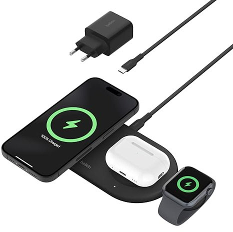 Belkin BoostCharge Pro Cargador inalámbrico 3 en 1 con tecnología magnética Qi2 de 15 W BoostCharge Pro, estacion de Carga rápida inalámbrica para iPhone 16, AirPods, Apple Watch, Negro
