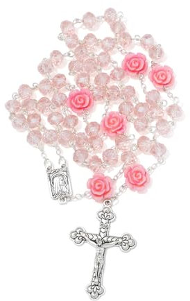 KMIMO Chapelet Catholique en Cristal Rose avec Jésus Crucifix et Médaille de Lourdes, Perles de 8 mm et Pochette Rosaire pour Femmes