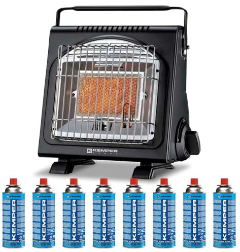 KEMPER - Calefacción de gas portátil de 1700 W, sistemas de seguridad integrados + 8 cartuchos de gas Butano, Autonomía 2:30