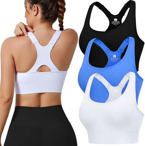 Evercute Verstellbare Sport-BHs für Damen, 3/4er-Pack, Racerback, hohe Unterstützung, gepolsterte Workout-BHs, nahtlos, Yoga, athletischer BH, Schwarz-Weiß-Blau, 3er-Pack, X-Large