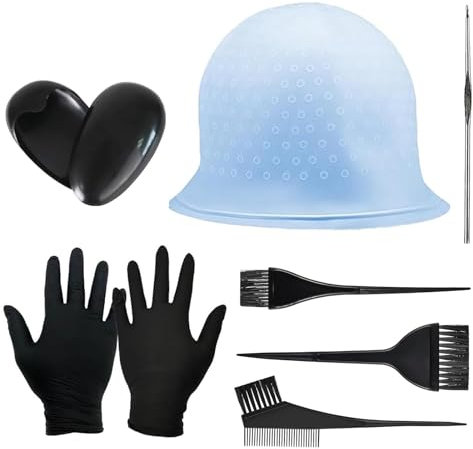 Yuaiosn 9 Piezas Gorro de Tinte Highlight, Gorro de Peluqueria Gorro de Silicona para Hacer Mechas, Gorro Mechas, Cuenco para el Pelo Reutilizable, Cepillos, Peines, Guantes y Orejeras