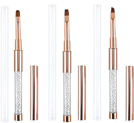 Lot de 3 pinceaux à ongles en gel avec poignée en strass pour nail art, pinceaux de construction professionnels pour ongles biseautés, têtes plates et rondes, faciles à tenir pour la peinture et le