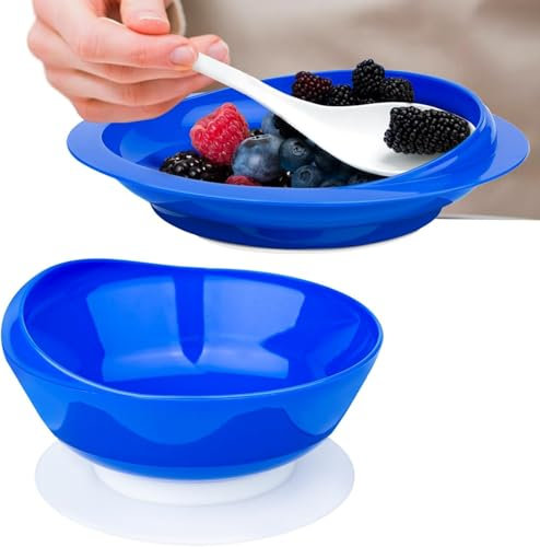 MUSLONG Teller und Schale mit Hohem Rand, BPA-frei, Saugnapf, Anti Rutsch, Esshilfe, Randerhöhung für die Pflege von Behinderten und älteren Menschen (Blau, Schale + Teller)