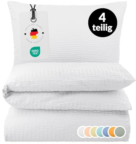 Carpe Sonno Seersucker Bettwäsche 155x220 cm 2er-Pack Baumwolle – Weiß | Kühlende Sommerbettwäsche mit Reißverschluss, bügelfrei | Deckenbezug + Kissenbezug 80x80 | ganzjährig, pflegeleicht
