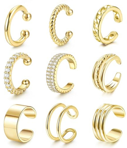 9 Stück Ear Cuff Gold Set für Damen,Fake Piercing,Clip on Ohrringe,Ohrklemme Vergoldet,Ohrklemme Gold mit Geschenkbox,Ohrringe Set für Mehrere Piercings