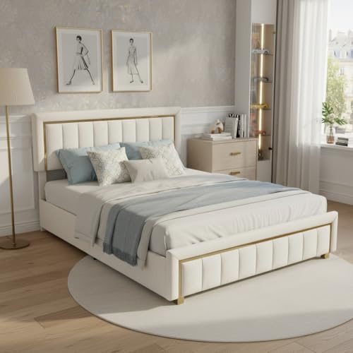 MISNODE Boxspringbett 140 x 200 cm, Doppelbett mit Stauraum und Lattenrost, Hydraulischem Heber, Polsterbett Bettgestell mit Gepolstertem Kopfteil aus Samt, Beige (Beige, 140x200 cm)