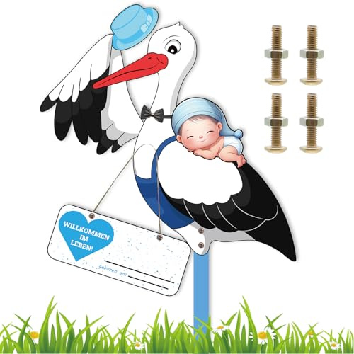 Storch Geburt für Draussen Junge, Baby Storch Geburt, Blau Holzstorch Klapperstorch zur Geburt Draußen, Geburtsstorch Beidseitig Bedruckt inkl Holzstab und Namensschild mit Grußkarte (A Blue)