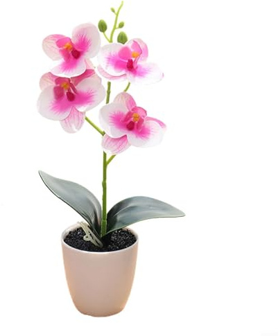 Honseadek Orchidea artificiale in vaso con petali di seta per decorazione tavolo casa ufficio giardino festa e centrotavola matrimonio, colore arancione-rosso (B)