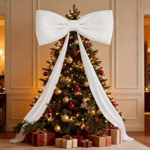 Giant Christmas Velvet Bow, 180cm Large White Bow Decoration, For Christmas Tree Topping, Curtains, Wall, Doors, Wedding And Parties