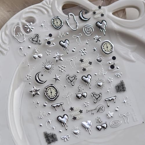 Herz Nagelsticker, Silberne Nagelaufkleber für Nailart, 5D Selbstklebende Schleifen- und Stern-Nagelsticker, Geprägte Nageldesigns, Silberne Nagelaccessoires für Frauen Mädchen