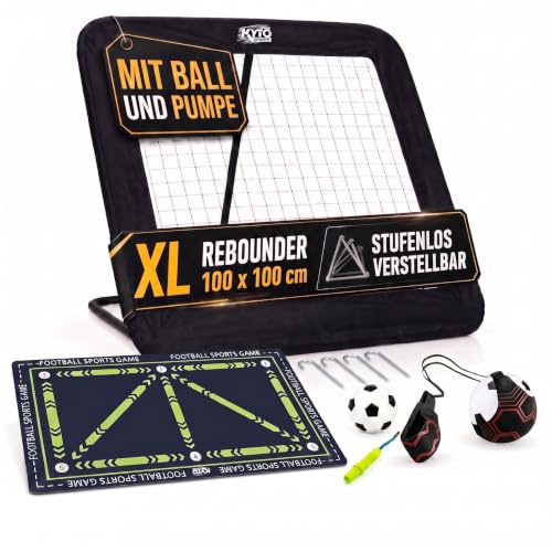 Kyto Fußball Rebounder XL 100x100 cm – Winkelverstellbar mit Ball & Pumpe | Rückprallwand für Fußball & Handball – stufenlose Neigung, Erdanker, Gummischoner, sofort einsatzbereit, verschiedene Sets
