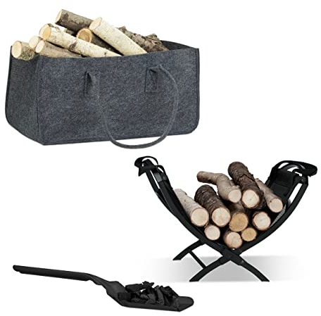 3 tlg. Kamin-Set, Kaminholztasche, Kaminholzkorb, Kohlenschaufel, Filz, Stahl, Stoff, Henkel, faltbar, schwarz/anthrazit