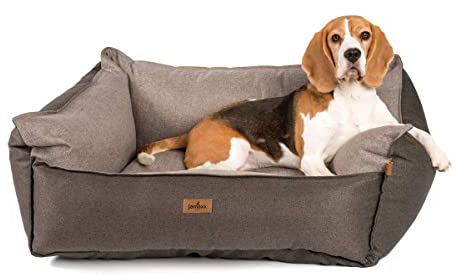 JAMAXX Premium Hundebett - Orthopädisch Memory Visco Füllung, Extra-Hohe Ränder, Waschbar, Nässe-Schutz, Hochwertiger Stoff mit viel Eleganz, Hundesofa PDB2018 (M) 90x70 braun+beige