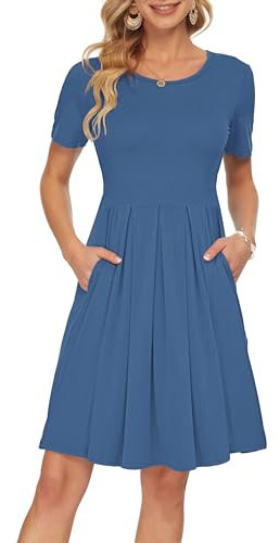 AUSELILY Ladies Summer Short Sleeve Pleated Loose Swing Casual Dress with Pockets Knee Length Beja Blue M