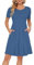 AUSELILY Ladies Summer Short Sleeve Pleated Loose Swing Casual Dress with Pockets Knee Length Beja Blue M