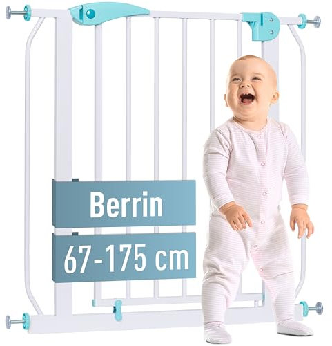 ib style Türschutzgitter Berrin 67-175, Treppengitter für Babys, Treppenschutzgitter ohne Bohren, Türgitter zum Klemmen, Hund, Weiß Türkis, 115-125 cm